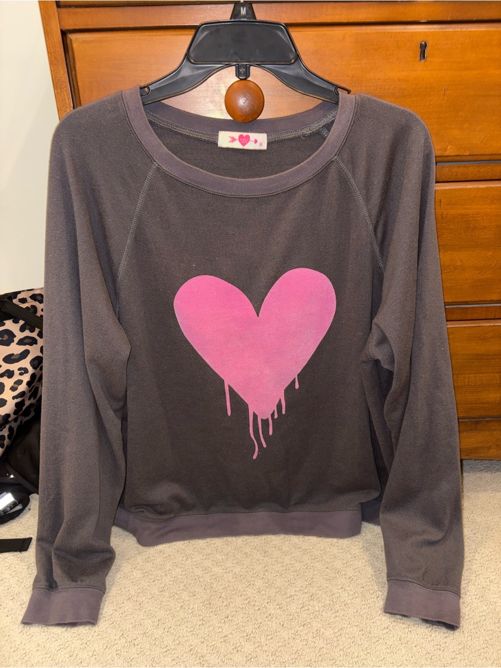 Women’s BuddyLove Gray Pullover Sweater with Pink Heart Graphic